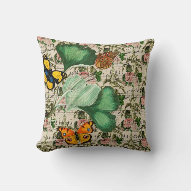 Butterflies, Music and Leaves Throw Pillow (Front)