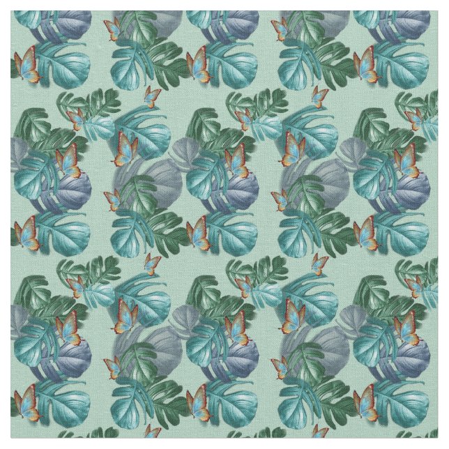 Butterflies of Paradise Tropical Splash in Blues, Fabric (Close Up)