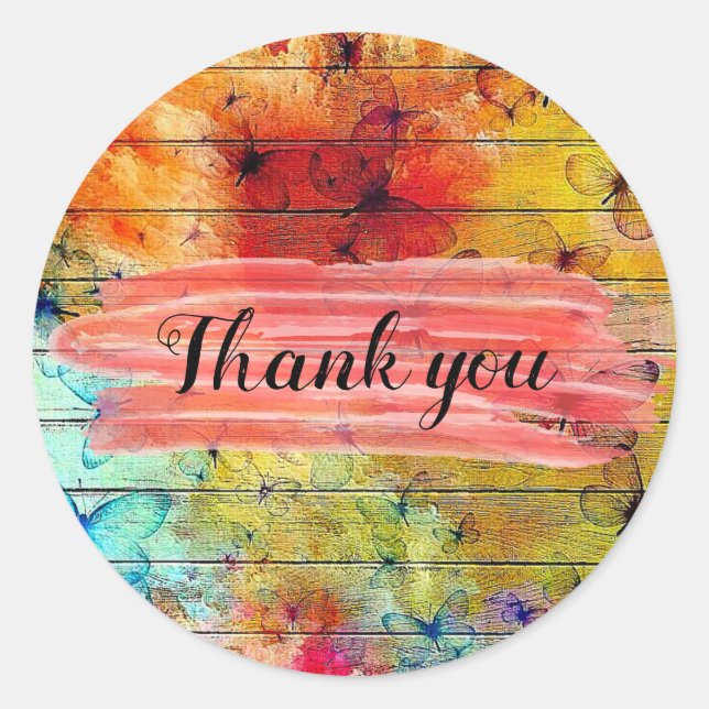 Butterflies on a Colorful Rustic Wood Thank You Classic Round Sticker (Front)