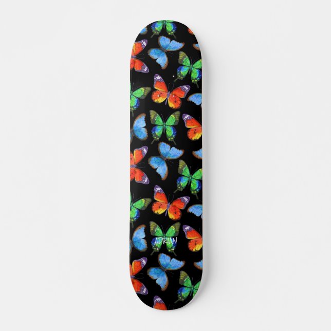 Butterflies on Black & Name or Text Skateboard (Front)