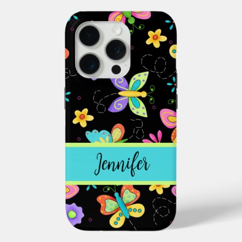 Butterflies on Black Whimsy Name Personalized iPhone 15 Pro Case