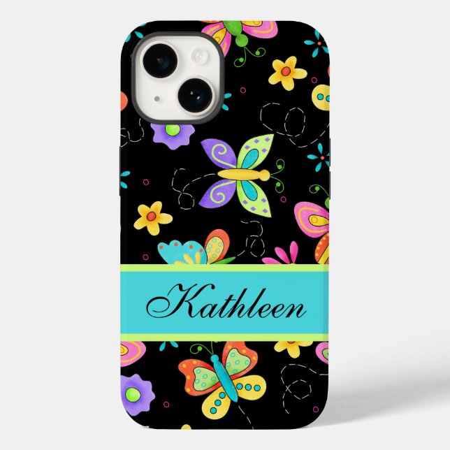Butterflies on Black Whimsy Name Personalized Case-Mate iPhone Case (Back)
