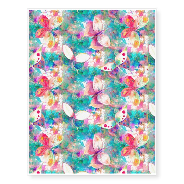 butterflies on flower field aqua turquoise temporary tattoos (Front)