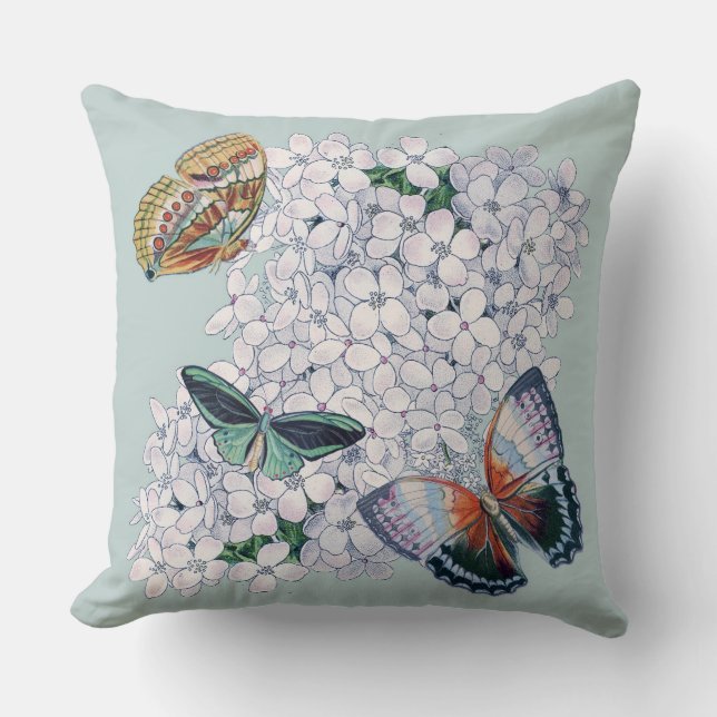 Butterflies on Hydrangea in tones of teal Throw Pillow (Front)