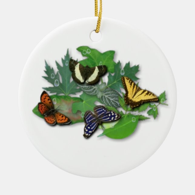 Butterflies on Leaves Ceramic Ornament (Front)