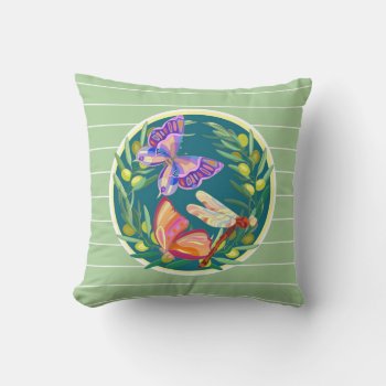 Butterflies  On Pale Sage Green W White Pinstripes Throw Pillow by PicturesByDesign at Zazzle