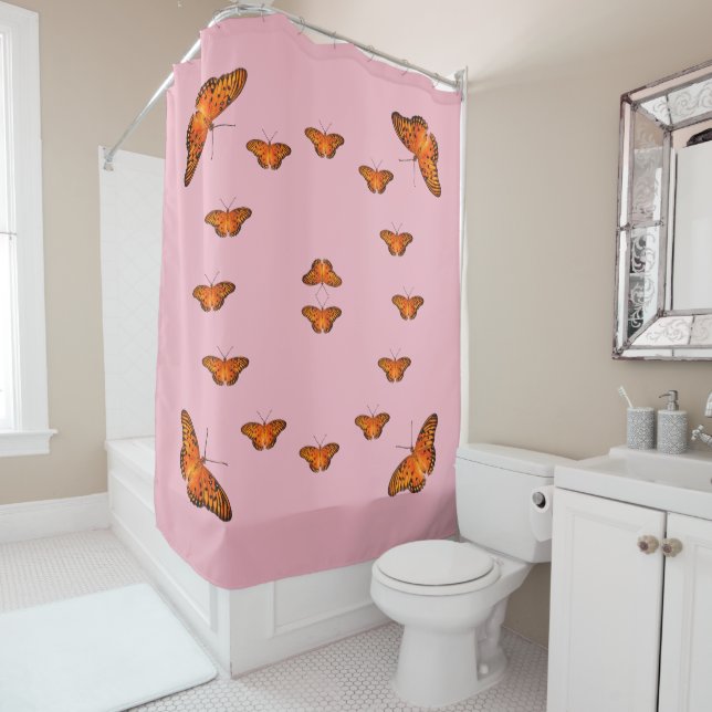 Butterflies on pink shower curtain (In Situ)