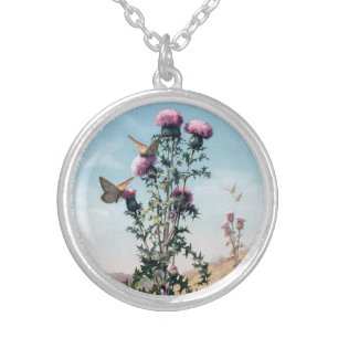 Butterflies on Purple Meadow Thistle Silver Plated Necklace
