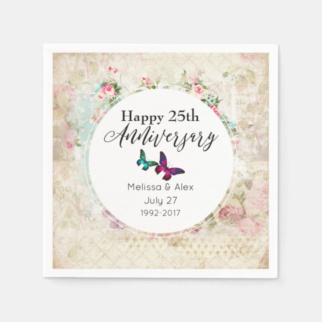 Butterflies on Shabby Vintage Collage Anniversary Napkins (Front)