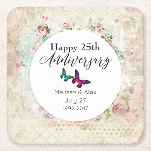 Butterflies on Shabby Vintage Collage Anniversary Square Paper Coaster