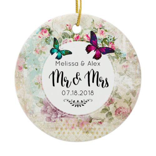 Butterflies on Shabby Vintage Collage Mr and Mrs Ceramic Ornament