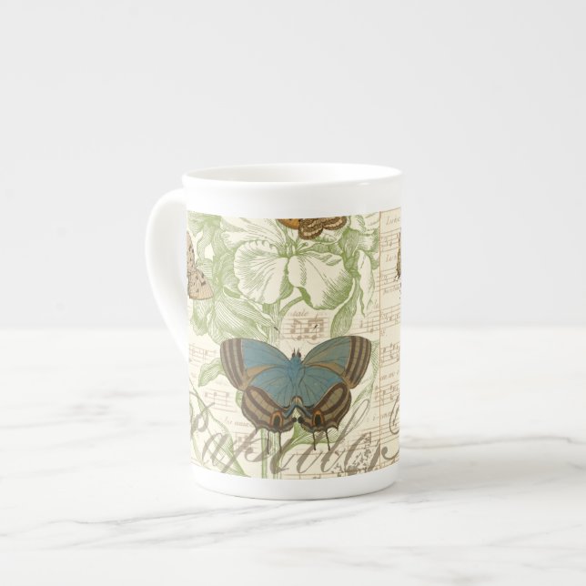 Butterflies on Sheet Music with Floral Design Bone China Mug (Front Left)