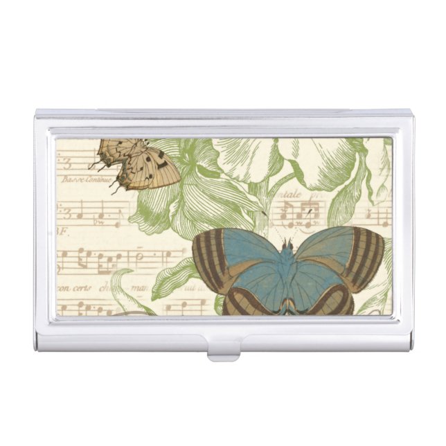 Butterflies on Sheet Music with Floral Design Business Card Holder (Front)