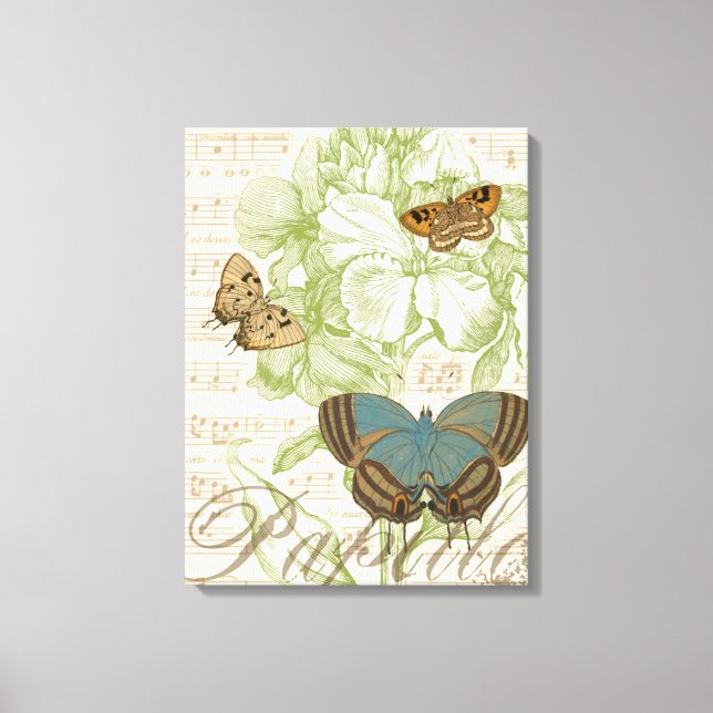 Butterflies on Sheet Music with Floral Design Canvas Print (Front)