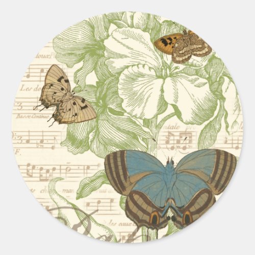 Butterflies on Sheet Music with Floral Design Classic Round Sticker
