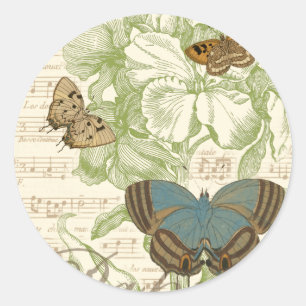 Butterflies on Sheet Music with Floral Design Classic Round Sticker