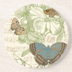 Butterflies on Sheet Music with Floral Design Coaster