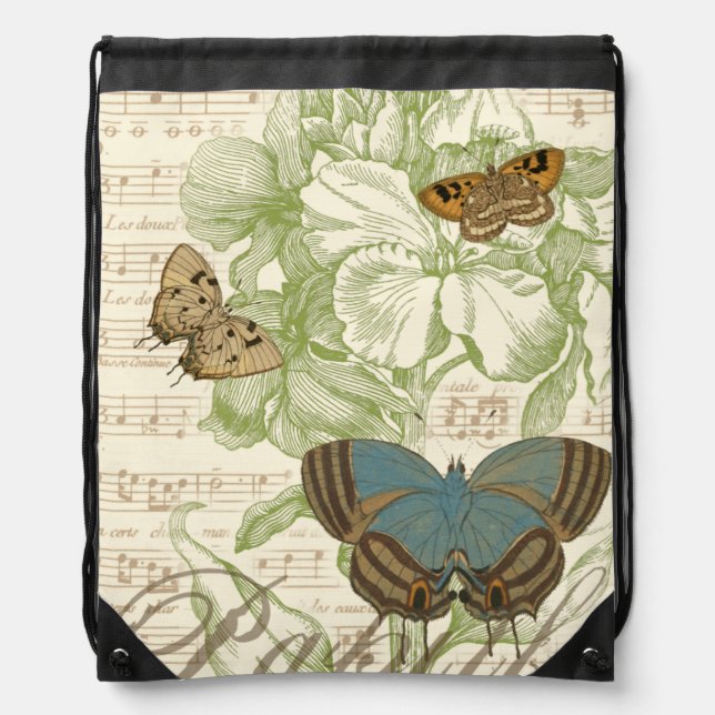 Butterflies on Sheet Music with Floral Design Drawstring Bag (Front)
