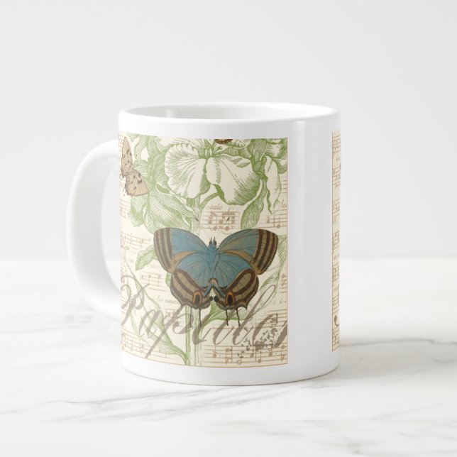 Butterflies on Sheet Music with Floral Design Giant Coffee Mug (Front Left)