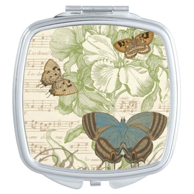 Butterflies on Sheet Music with Floral Design Makeup Mirror (Front)
