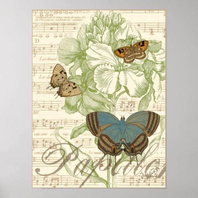 Butterflies on Sheet Music with Floral Design Poster (Front)