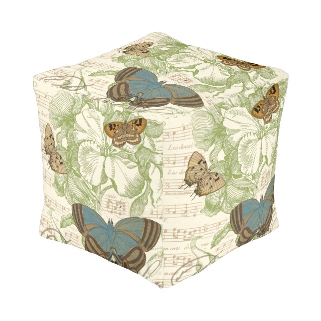 Butterflies on Sheet Music with Floral Design Pouf (Angled Front)