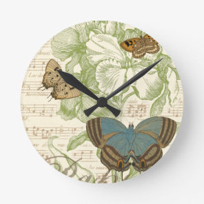 Butterflies on Sheet Music with Floral Design Round Clock