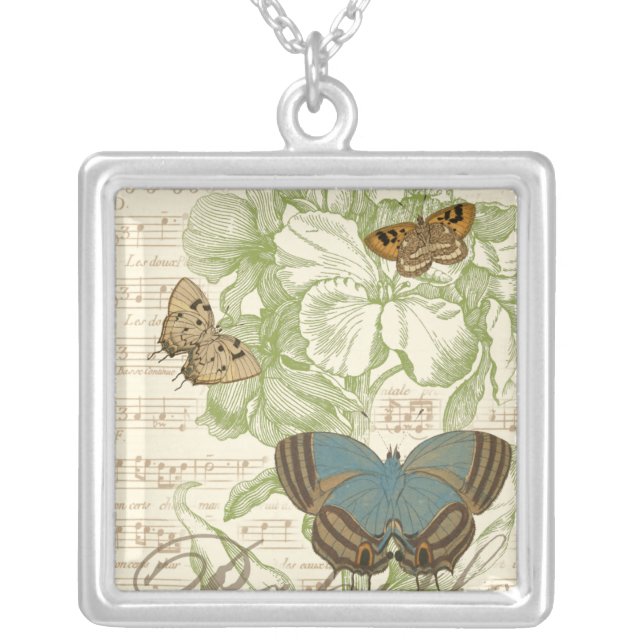 Butterflies on Sheet Music with Floral Design Silver Plated Necklace (Front)