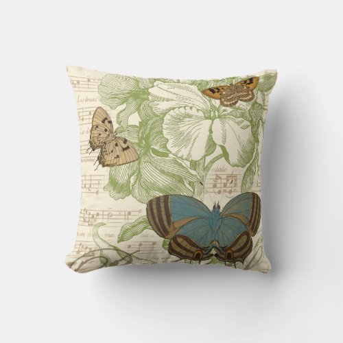 Butterflies on Sheet Music with Floral Design Throw Pillow