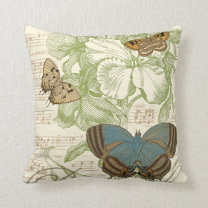 Butterflies on Sheet Music with Floral Design Throw Pillow