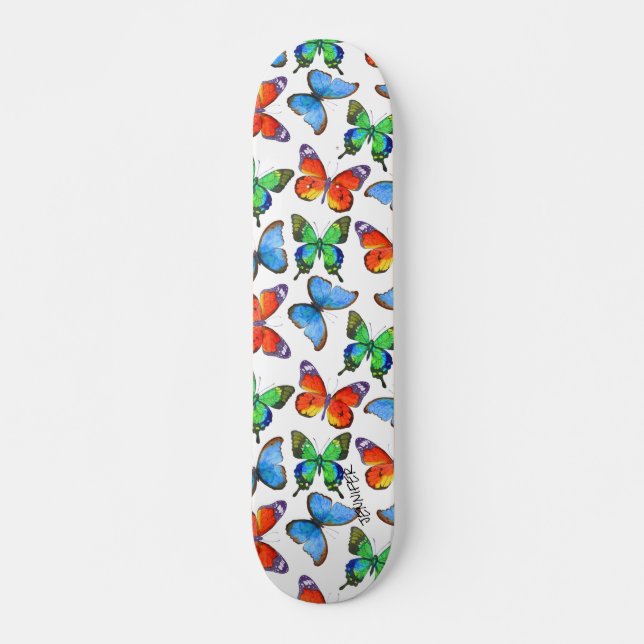 Butterflies on White & Name or Text Skateboard (Front)