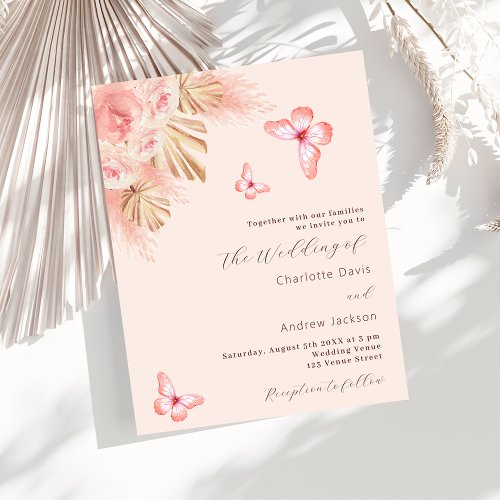 Butterflies pampas rose budget wedding invitation