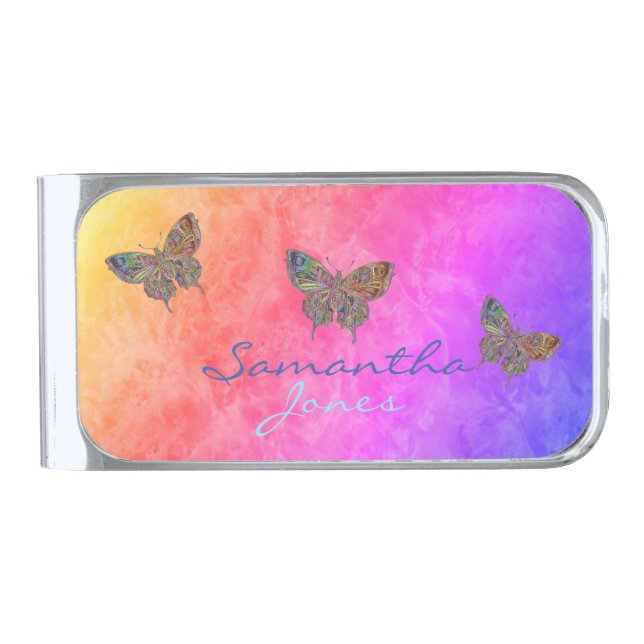 Butterflies Pastel Rainbow *Personalize*  Silver Finish Money Clip (Front)