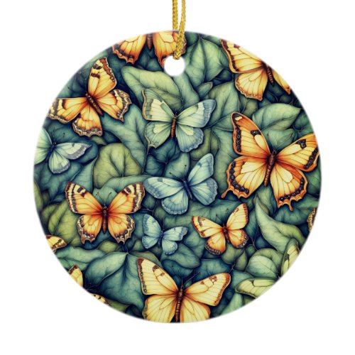 Butterflies Pattern Blue Green Yellow Shades  Ceramic Ornament