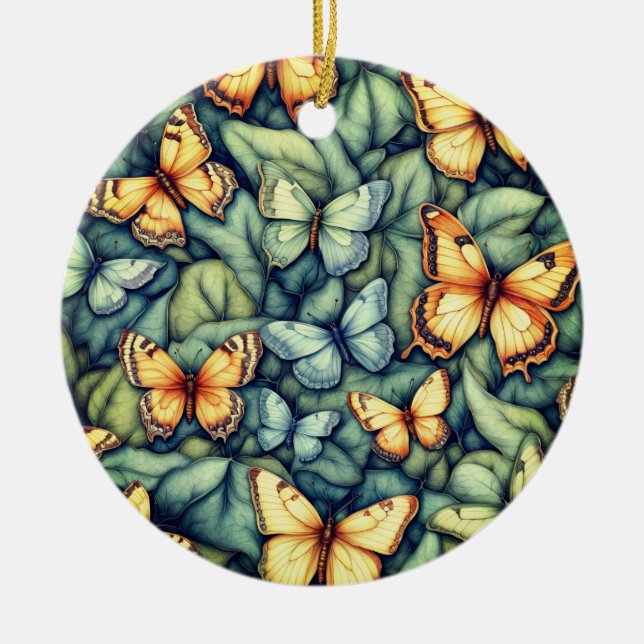 Butterflies Pattern Blue Green Yellow Shades  Ceramic Ornament (Front)