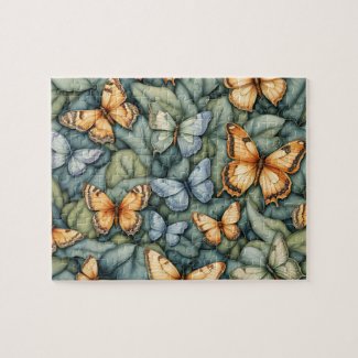Butterflies Pattern Blue Green Yellow Shades 