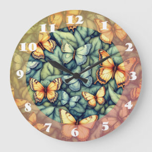 Butterflies Pattern Blue Green Yellow Shades  Large Clock