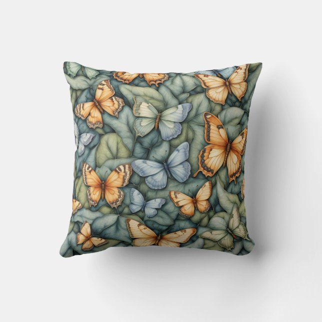 Butterflies Pattern Blue Green Yellow Shades  Throw Pillow (Back)