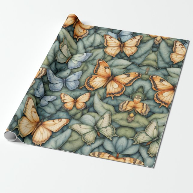 Butterflies Pattern Blue Green Yellow Shades  Wrapping Paper (Unrolled)