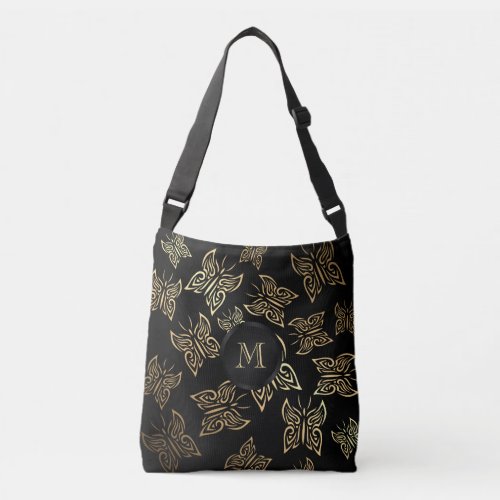 Butterflies Pattern Gold Black Crossbody Bag