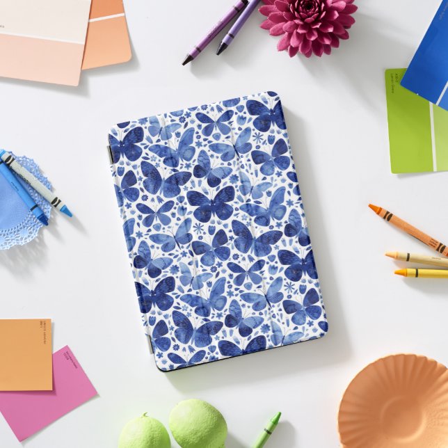 Butterflies Pattern Watercolor Blue iPad Pro Cover (Desk)