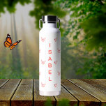 Butterflies peach rose gold name water bottle<br><div class="desc">White background decorated with pink and rose gold butterflies.  Personalize and add your name.  Peach colored letters.</div>
