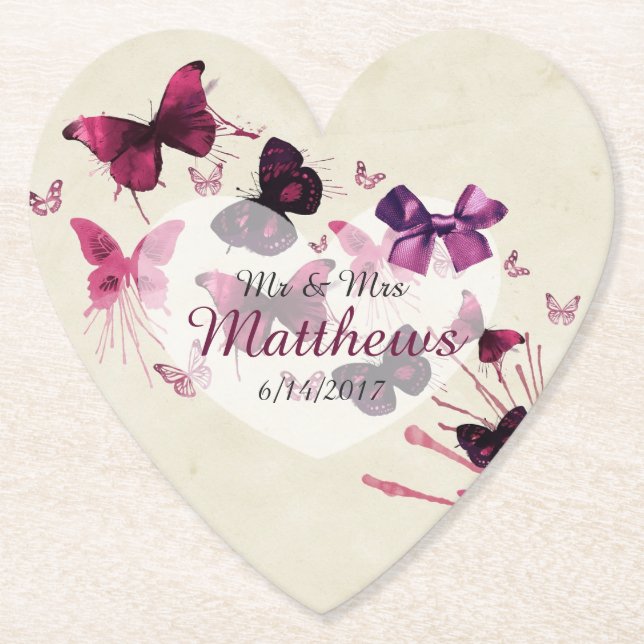 Butterflies Personalized Wedding Heart Coasters (Front)