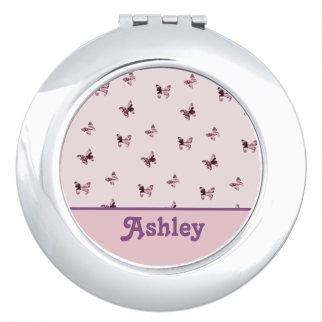 Butterflies Pink and Purple Satin Pattern Compact Mirror (Front)