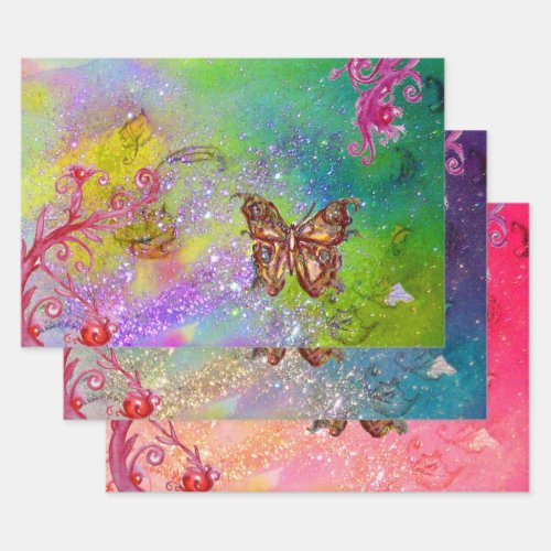 BUTTERFLIESPINK BLUE PURPLE GREEN SPARKLES Floral Wrapping Paper Sheets