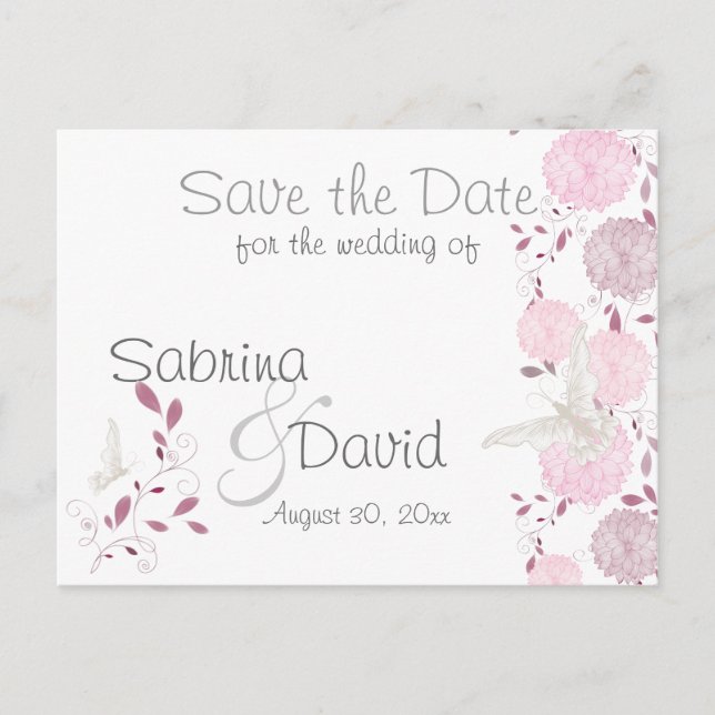 Butterflies & Pink Chrysanthemum Save the Date Announcement Postcard (Front)