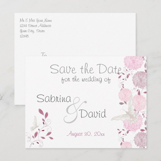 Butterflies & Pink Chrysanthemum Save the Date Announcement Postcard (Front/Back)