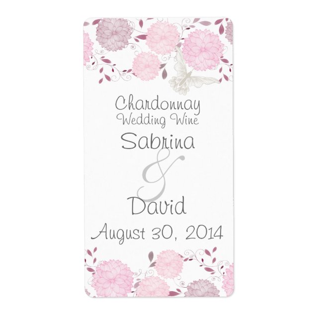 Butterflies & Pink Chrysanthemums Wedding Wine Label (Front)