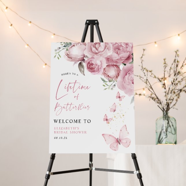 Butterflies Pink Floral Bridal Shower Welcome Sign (In Situ (Stand))