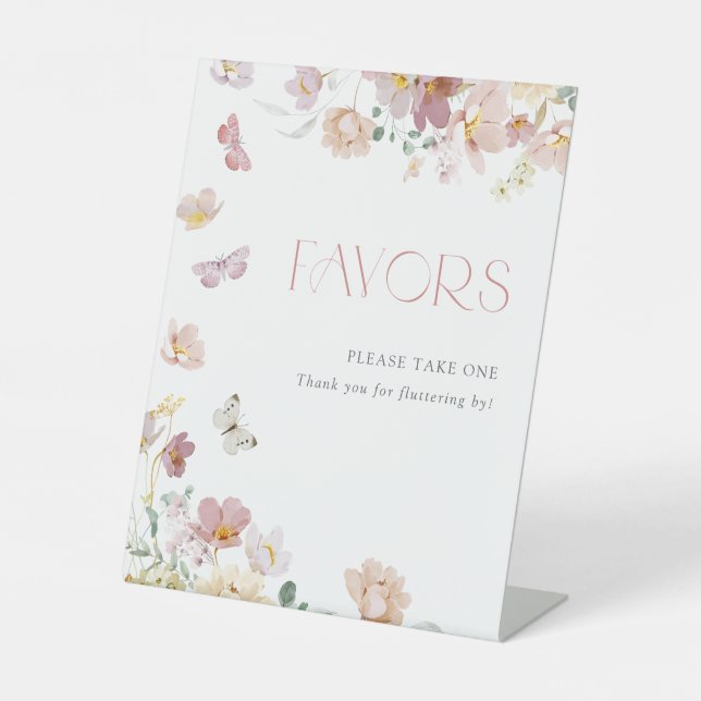 Butterflies Pink Floral Favors Bridal Shower Pedestal Sign (Front)